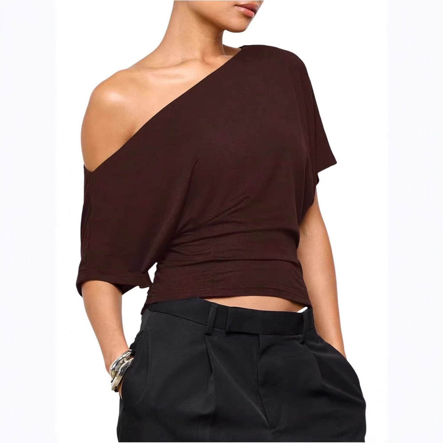 One-Shoulder Top with Twist-Hem Drape - Brown front view