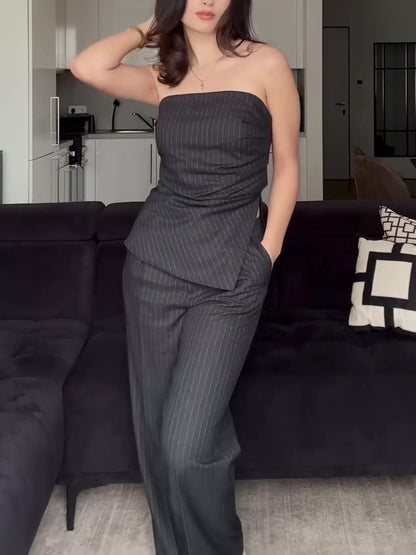 Bandeau Top & Wide-Leg Trousers Co-Ord in Pinstripe - charcoal pinstripe front view with hand-raised pose