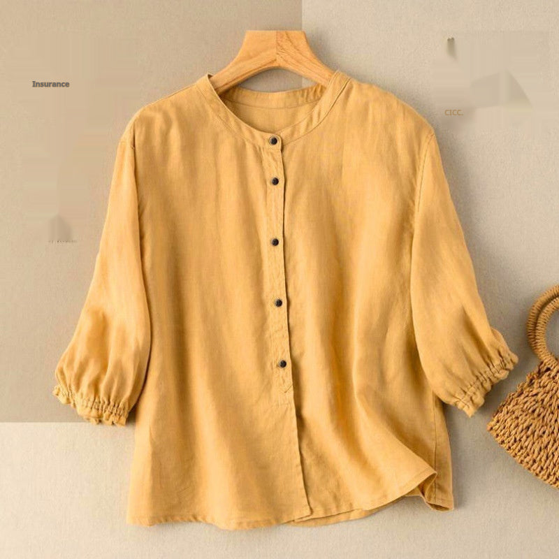 Blouse in Textured Cotton with Gathered Half Sleeves - yellow front view with relaxed drape