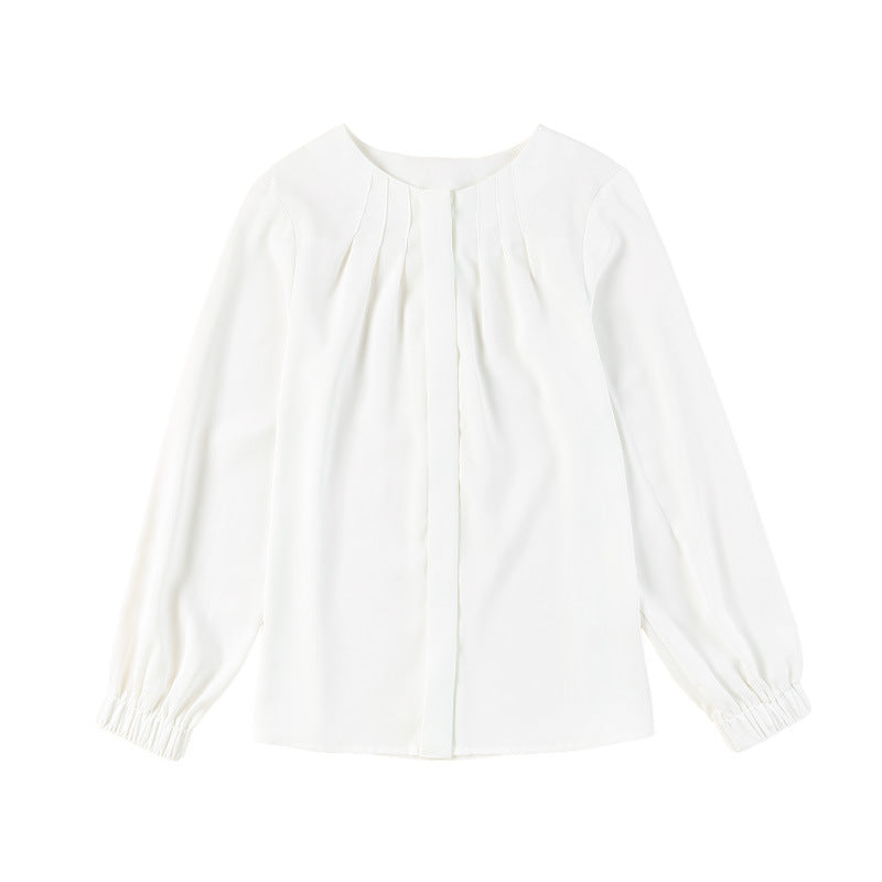 Blouse with Pleated Split Neck and Blouson Sleeves - white flat lay