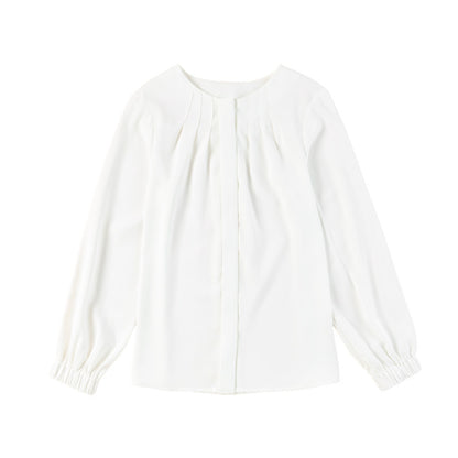 Blouse with Pleated Split Neck and Blouson Sleeves - white flat lay