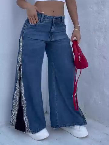 Jeans with Leopard Side Zip Panels - Mid Blue Wide-Leg - front wide-leg fit