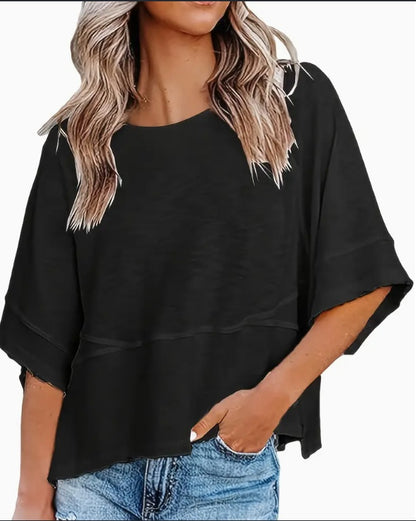 T-Shirt with Boxy Loose Fit and Turn-Up Sleeves - black front view