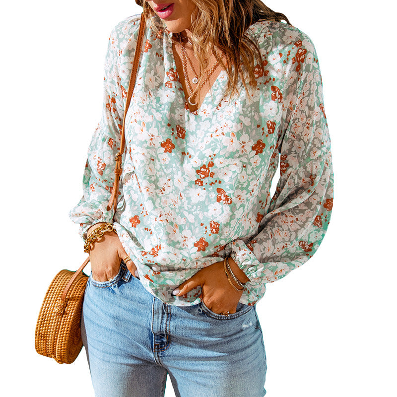 Blouse in Crinkled Floral Chiffon with V-Neck - sage floral front view