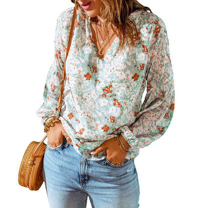 Blouse in Crinkled Floral Chiffon with V-Neck - sage floral front view
