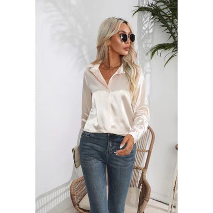 Blouse in Satin with Open Collar and Long Sleeves - beige lifestyle styling