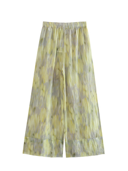 Shirt and Wide-Leg Trousers Set in Sage Tie-Dye Linen Blend - sage tie-dye trousers back view
