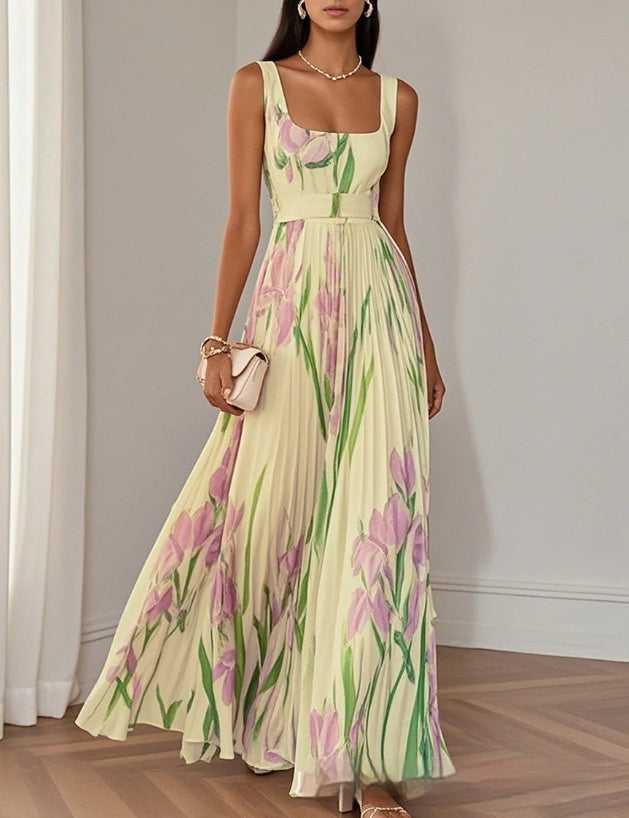 Maxi Dress in Watercolour Floral Print - Yellow front view