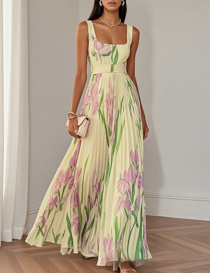 Maxi Dress in Watercolour Floral Print - Yellow front view