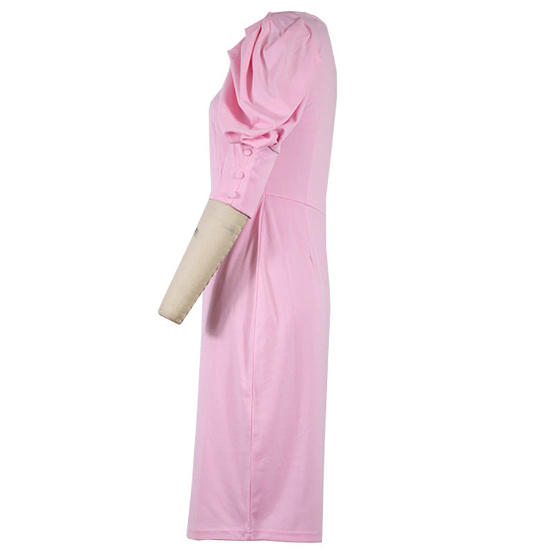 Bodycon Knee-Length Dress with Square Neck and Puff Sleeves - pink side view on mannequin