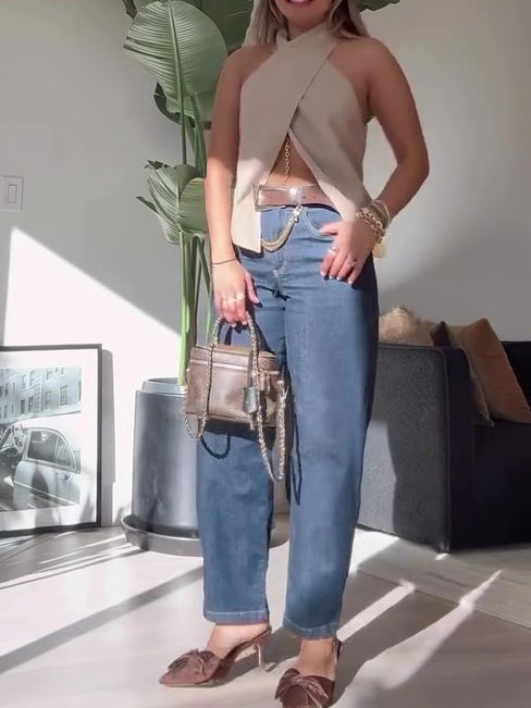 Cross-Front Halter Vest Top in Khaki - khaki full-length front view