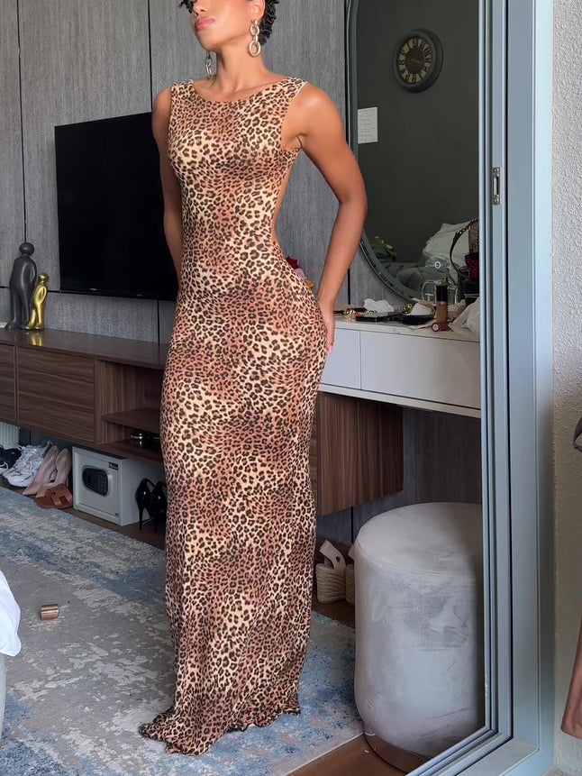 Maxi Dress in Leopard Print with Open Back - leopard print front full-length view