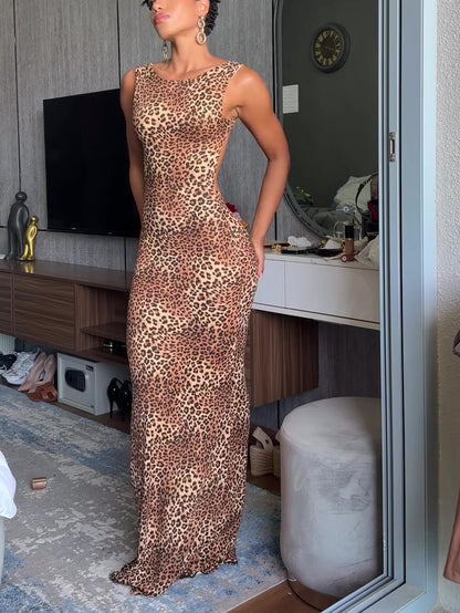 Maxi Dress in Leopard Print with Open Back - leopard print front full-length view