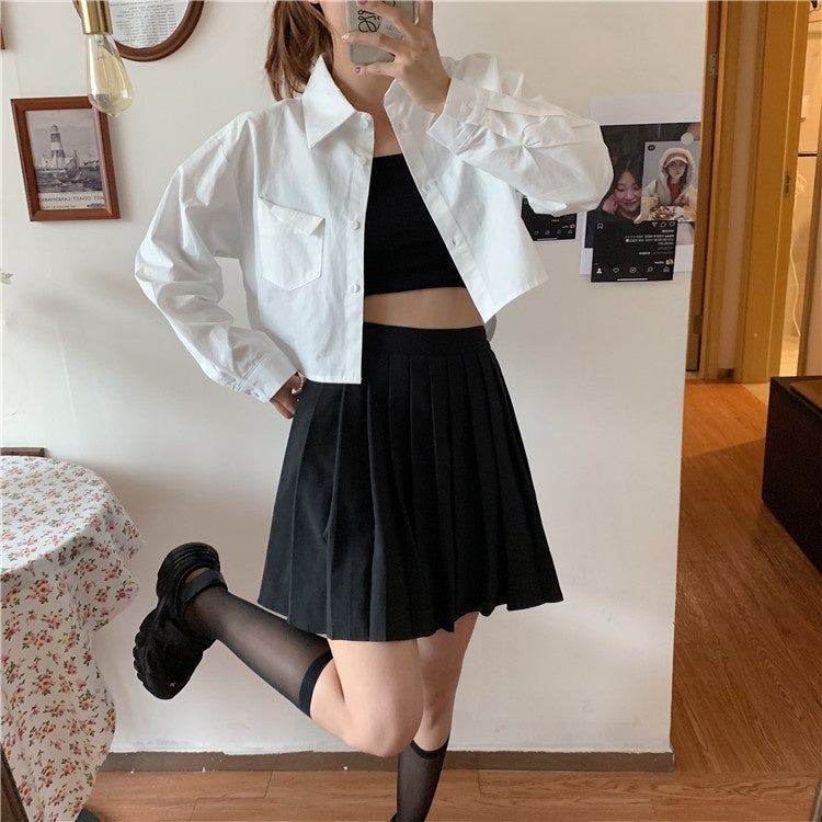 Shirt in White with Cropped Boxy Fit - white open-front styling over black crop top