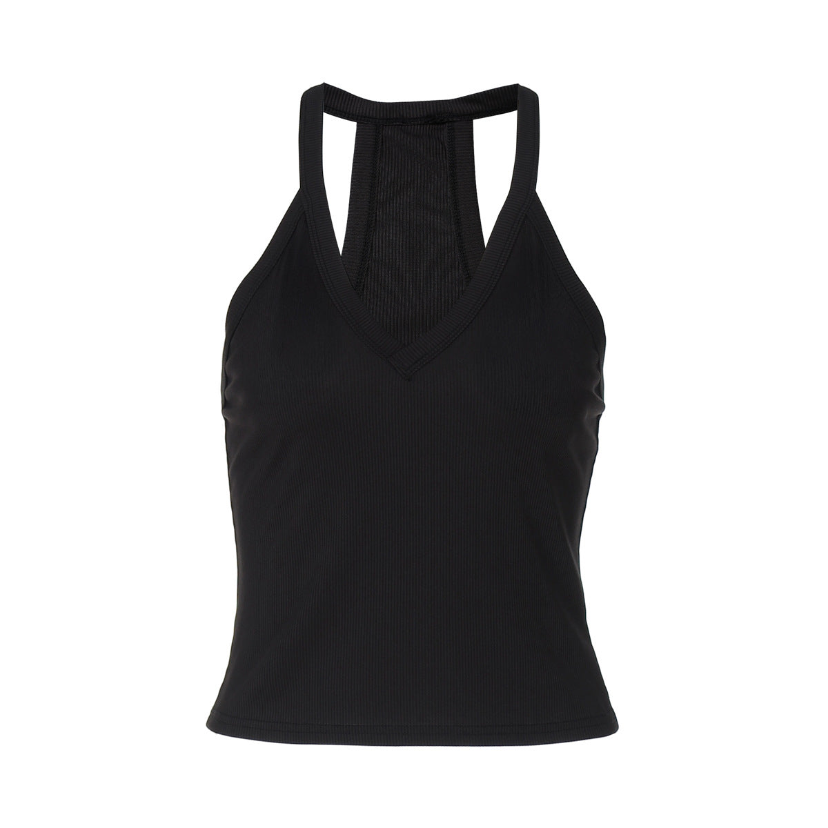 Vest Top in Ribbed V-Neck with Racerback - black racerback flat lay