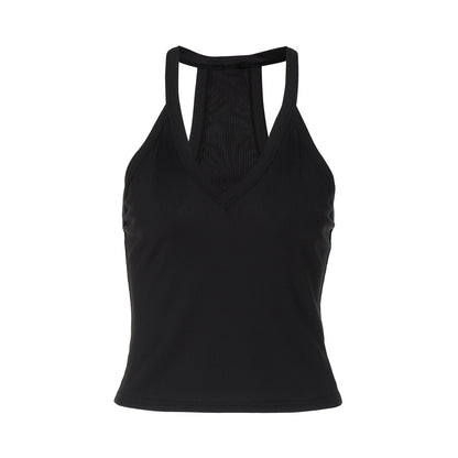 Vest Top in Ribbed V-Neck with Racerback - black racerback flat lay