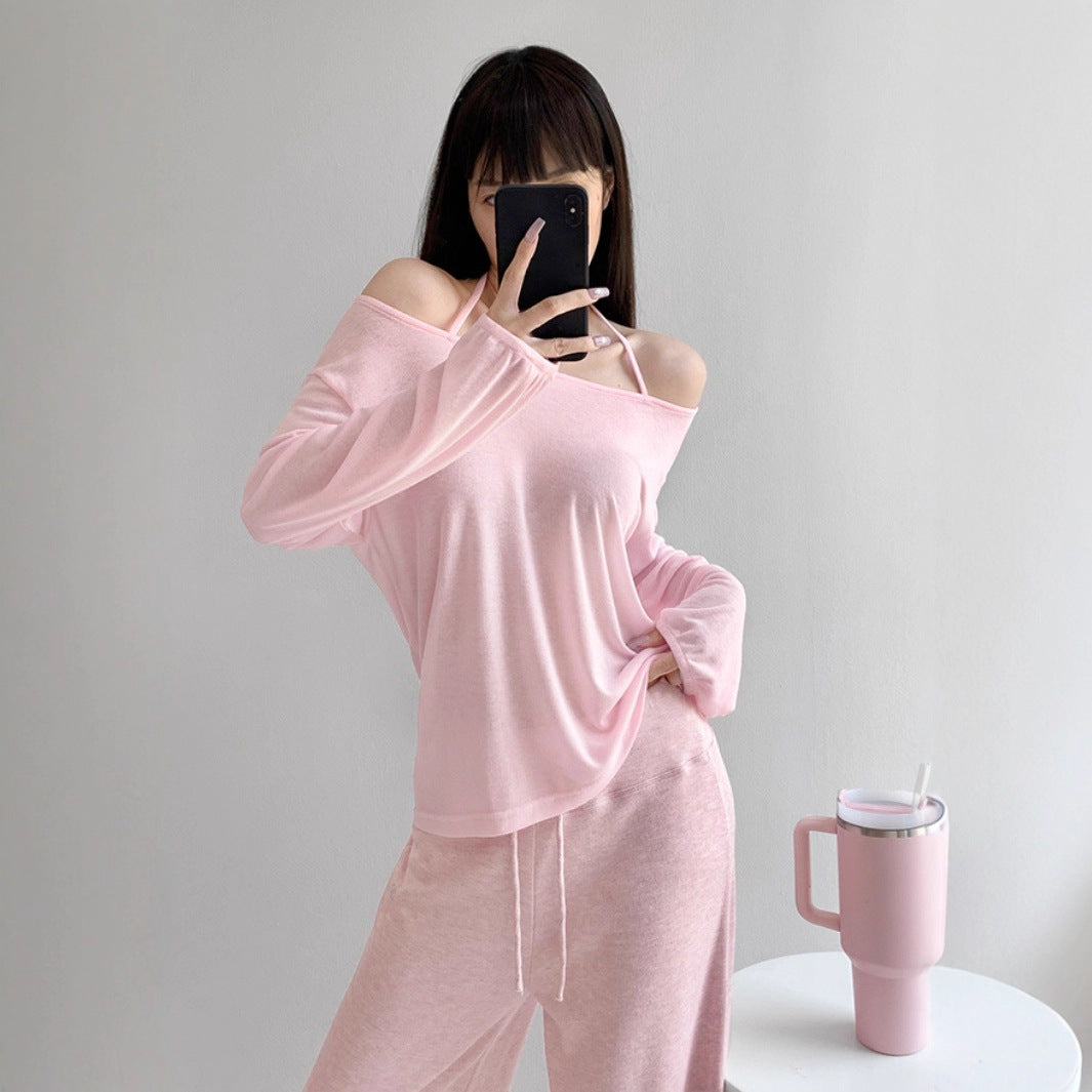 Top with Off-Shoulder Halter Strap - light pink styled look