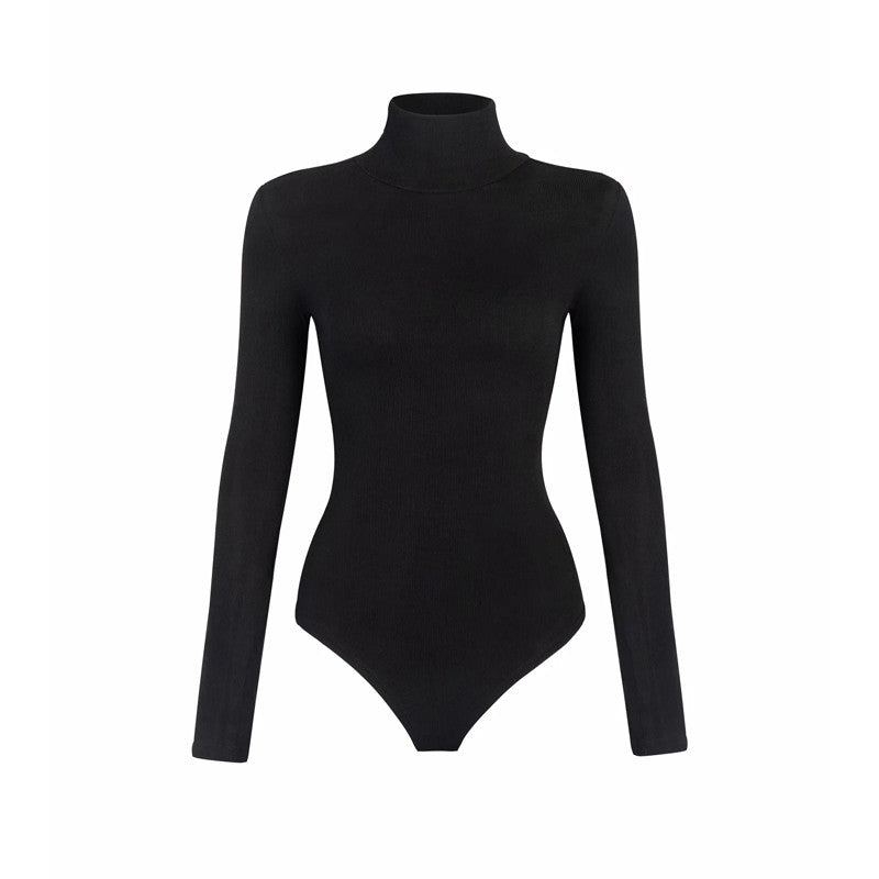 Bodysuit in Stretch Cotton with High Neck and Long Sleeves - black flat lay