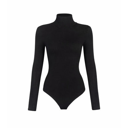 Bodysuit in Stretch Cotton with High Neck and Long Sleeves - black flat lay