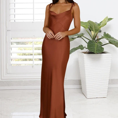 Maxi Dress in Satin with Tie-Shoulder Straps - Brick red front view