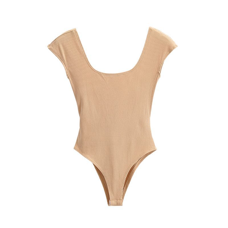 Bodysuit with Ribbed Square Neck and Open Back - light khaki flat lay front