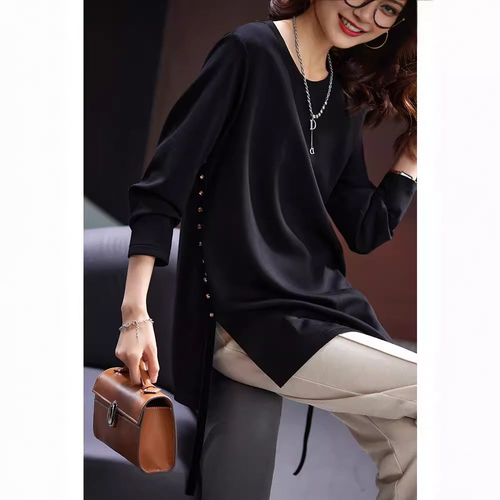 Tunic Top in Black with Side-Button Split Hem - black seated side detail