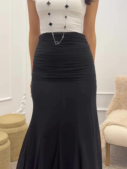 Ruffle Hem Pleated Maxi Skirt - Black, pleated waistband detail close-up