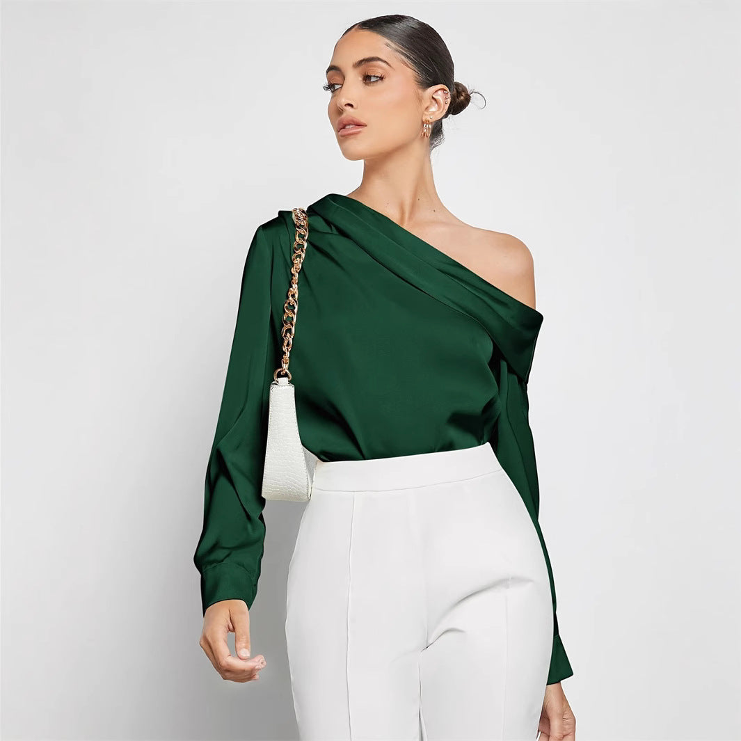 Blouse in Forest Green with Asymmetric One-Shoulder Neckline - forest green front view with draped neckline