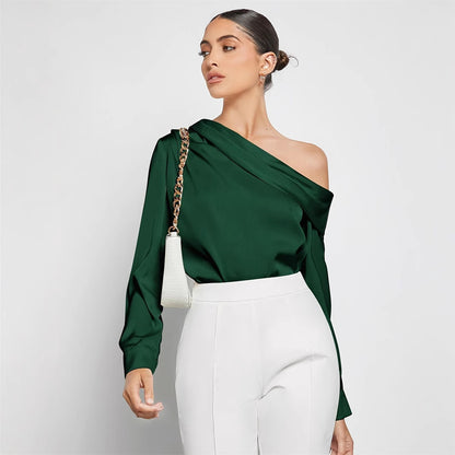 Blouse in Forest Green with Asymmetric One-Shoulder Neckline - forest green front view with draped neckline