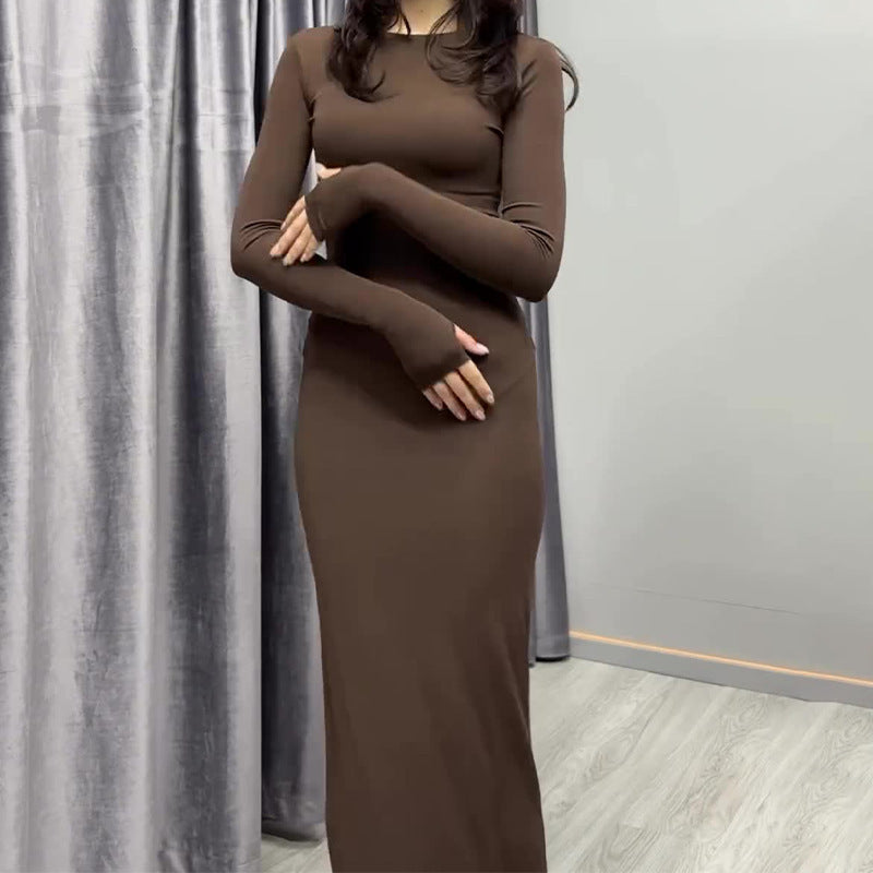 Maxi Bodycon Dress with Long Sleeves - brown fitted front view