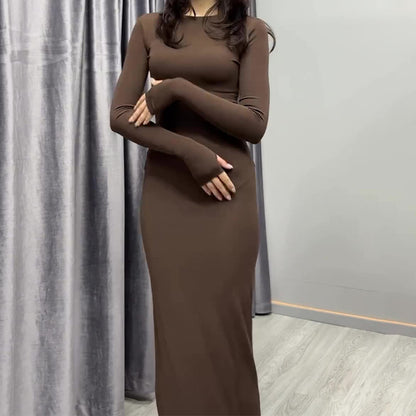 Maxi Bodycon Dress with Long Sleeves - brown fitted front view