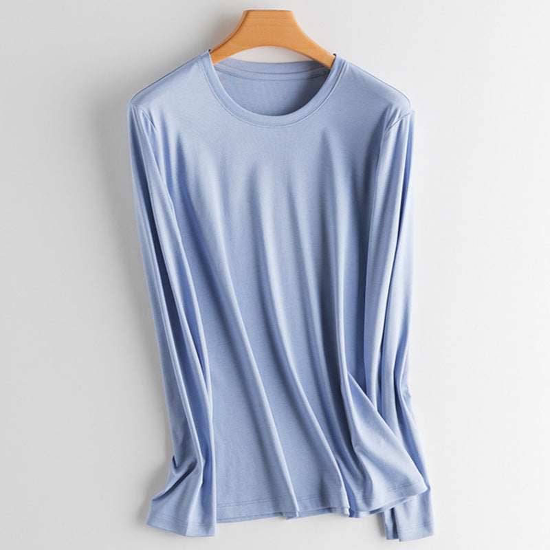 T-Shirt in Soft Drape Jersey with Long Sleeves - blue round neck front view