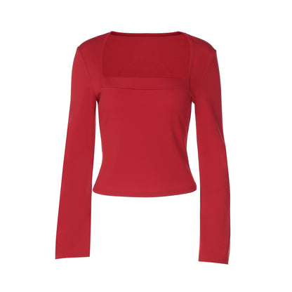 Top in Cherry Red with Square Neck and Flared Sleeves - red flat front view