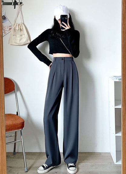Wide-Leg Trousers with Pleated Front - grey full-length pose