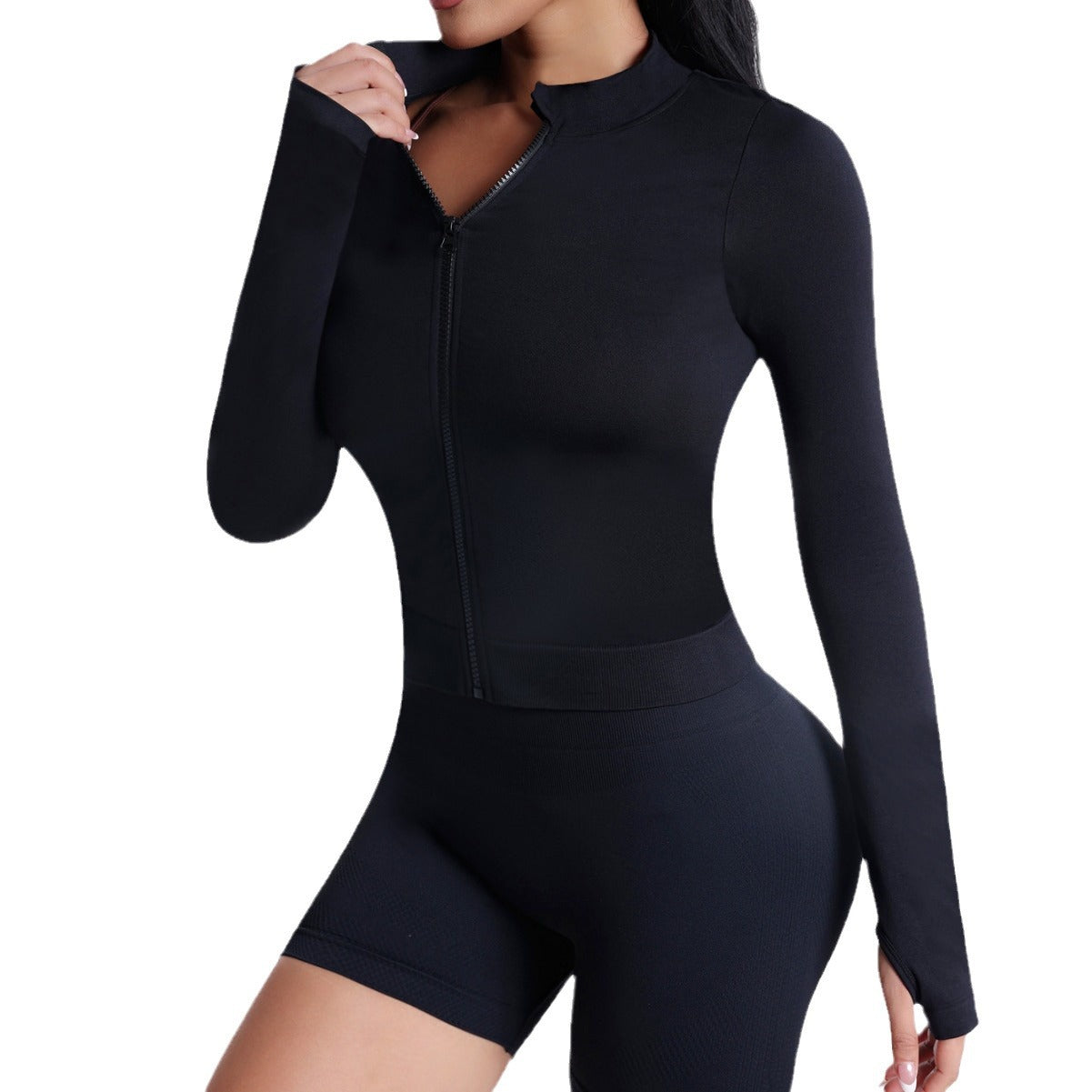 Playsuit in Black with Long Sleeves and Zip Front - zip-front close-up