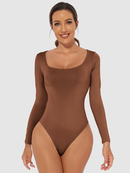 Bodysuit with Square Neck and Long Sleeves - brown front full length