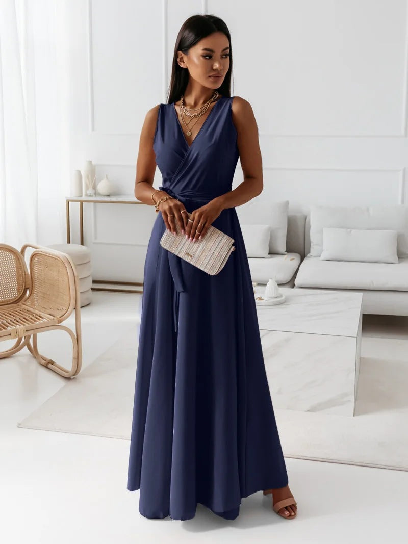 Maxi Dress with Wrap V-Neck and Tie Waist - navy blue front view