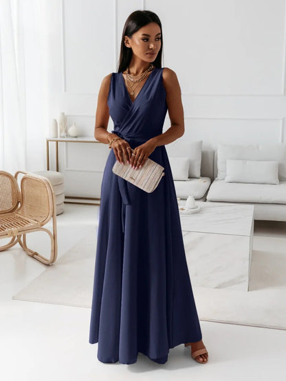 Maxi Dress with Wrap V-Neck and Tie Waist - navy blue front view