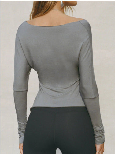 Long Sleeve Top in Grey with Asymmetric Ruched Hem - grey back view