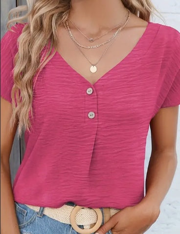Blouse with Textured V-Neck and Button Placket - dark pink front view