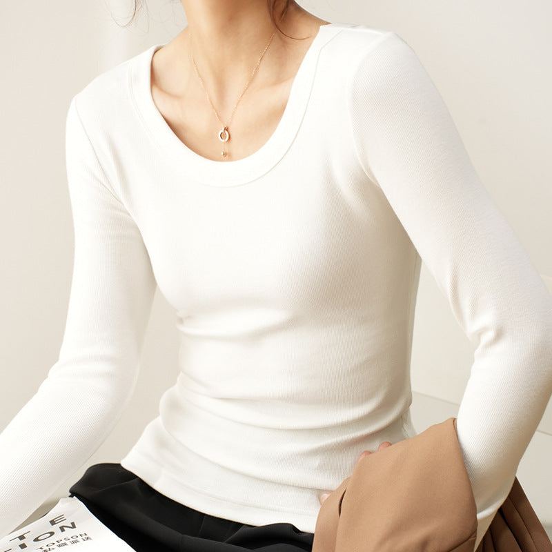 Long Sleeve Top in Ribbed Cotton with Scoop Neck - white front view