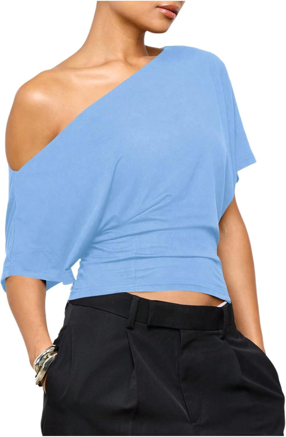 One-Shoulder Top with Twist-Hem Drape - Sky Blue front view
