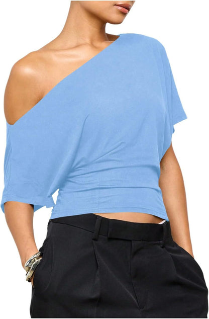 One-Shoulder Top with Twist-Hem Drape - Sky Blue front view