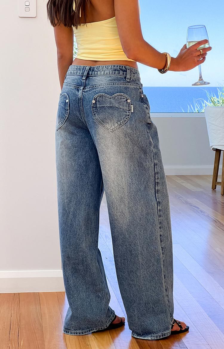 Wide-Leg Jeans in Blue Vintage Wash, Full Length - blue back view