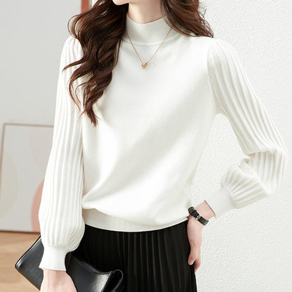 Knit Top with Pleated Sleeves and Mock Neck - White front view with pleated sleeves