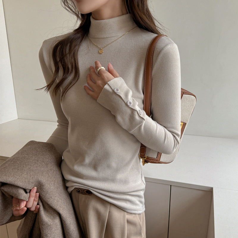 Base Layer Top with Mock Neck and Button Cuffs - milk tea front view