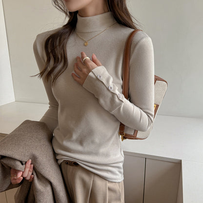 Base Layer Top with Mock Neck and Button Cuffs - milk tea front view