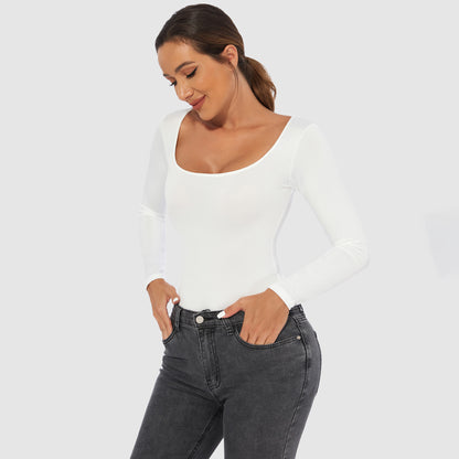 Bodysuit with Square Neck and Long Sleeves - white styled with jeans