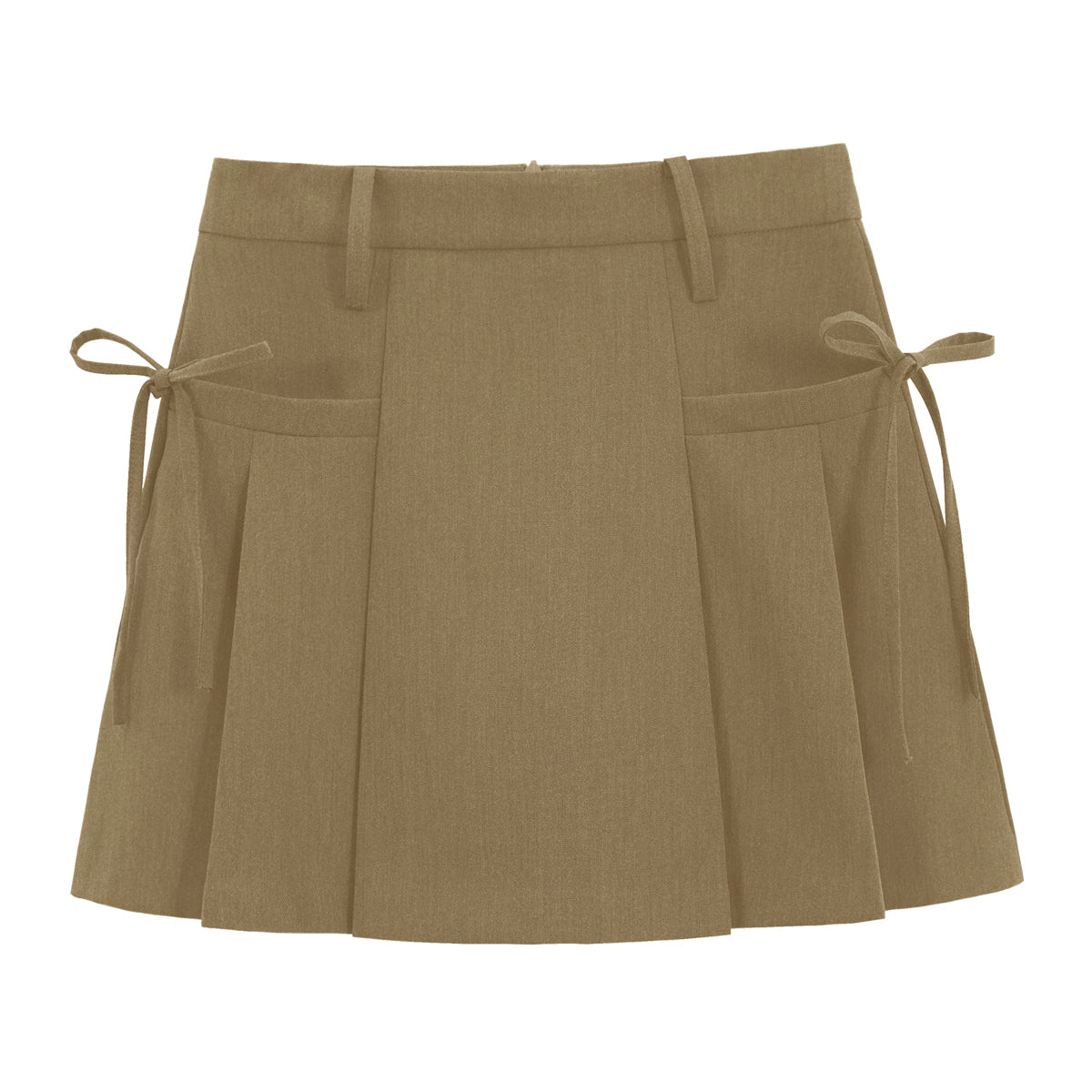 Mini Skirt in Pleated A-Line with Side Ties - khaki front view