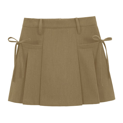 Mini Skirt in Pleated A-Line with Side Ties - khaki front view
